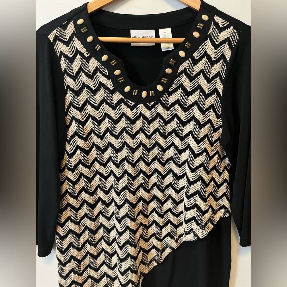 Alfred Dunner Black and Cream Studded Chevron Top